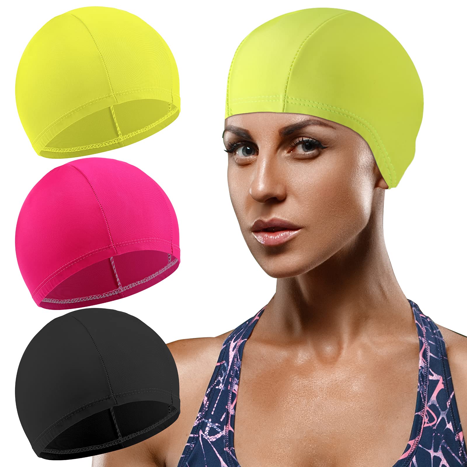 Syhood 3 Pcs Elastic Swim Caps Comfortable Fabric Swimming Hat Unisex Bathing Caps Anti Slip Swimming Pool Caps for Women Men Kids ()
