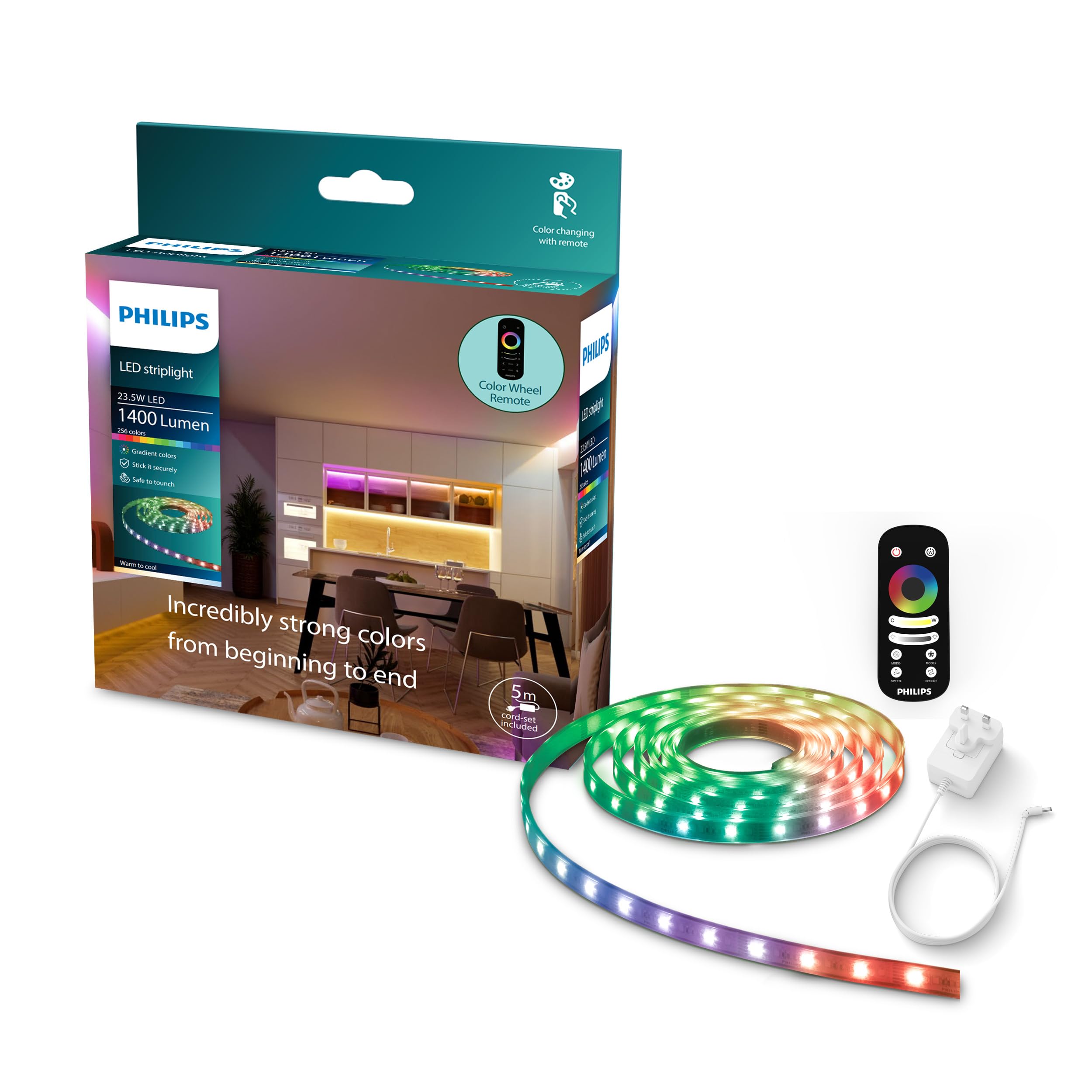 Philips LED Strip Light, 5M, 23.5w, Multi Colour RGBIC and Tunable White, Lighting Scene Effects, Includes Remote Control, Type G Plug
