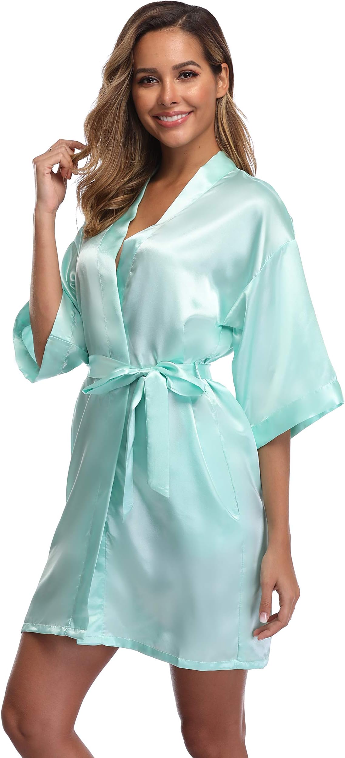 iFigure Women's Short Kimono Robe Dressing Gown Silky Bridesmaid Robes Bathrobe