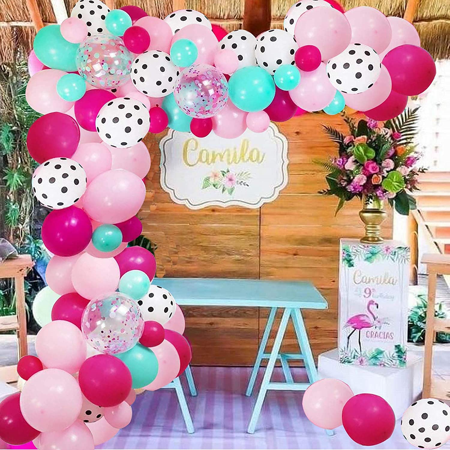 125 Pcs Surprise Party Decorations Balloons Garland Arch Kit, Rose Red Pink Sea Foam Blue White Polka Dots 12" 10'' 5" Latex Confetti Balloon, Surprise Themed for LOL Inspired Birthday Party Supplies