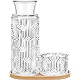 Bedside Water Carafe and Glass Set with Wood Tray, Glass Mouthwash Dispenser Bedside Carafe with Cup Mouthwash Dispenser for Bathroom Kitchen Bedroom