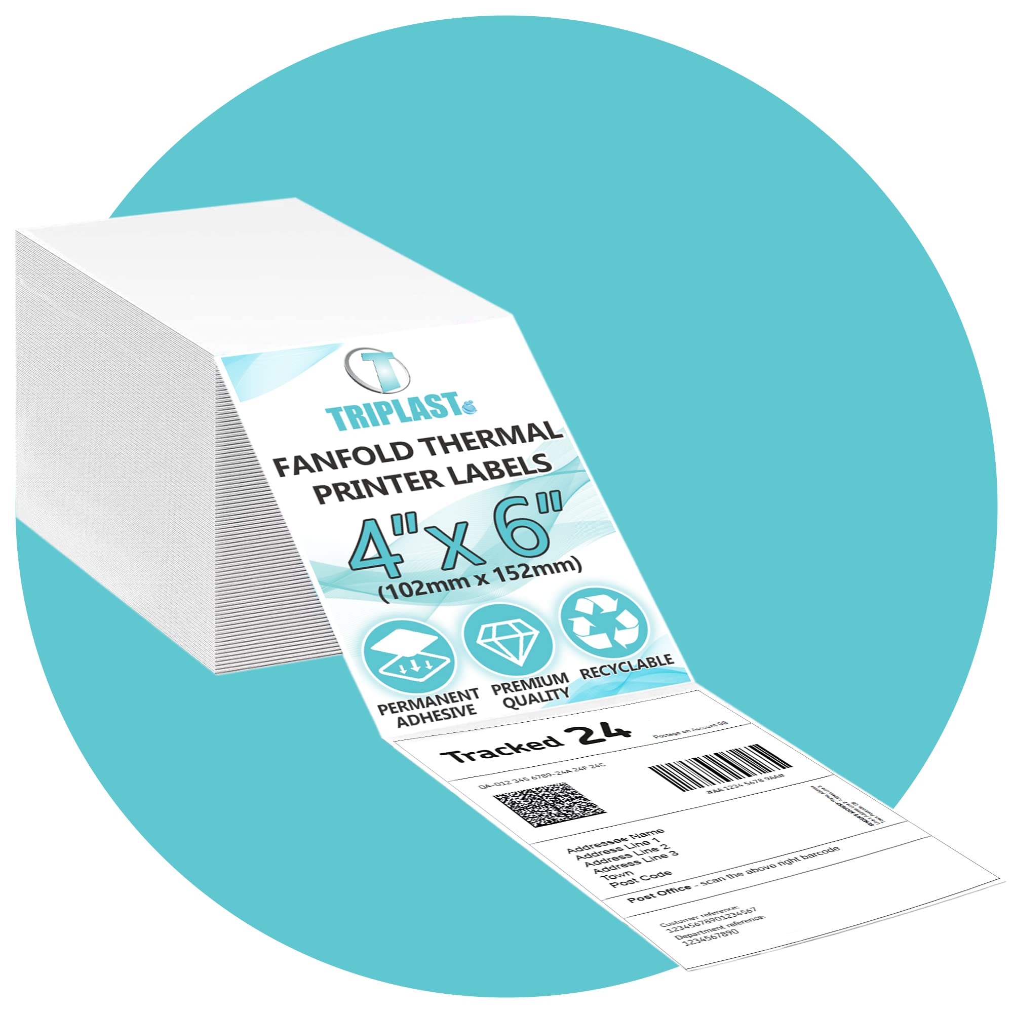 Triplast 250 x White Fanfold Thermal Printer Labels (4x6 inch / 102x152mm) - for Printing Courier & Shipping Labels - Compatible with All Thermal Printers