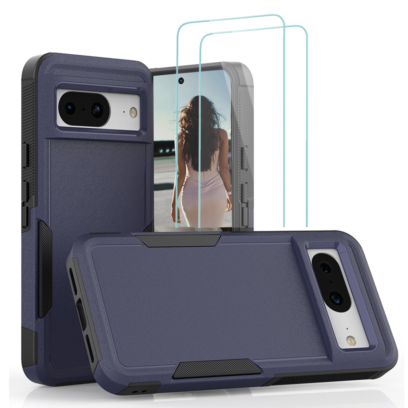 Jeylly for Google Pixel 8 Case with 2 Pack Screen Protector, Military Grade Drop Protection Anti Scratch Shoockproof Cover Phone Case for Google Pixel 8, Navy Blue