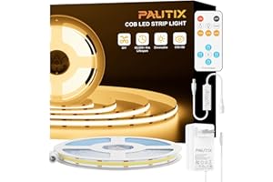 PAUTIX COB LED Strip Light,LED Lights 16.4ft,UL Listed Warm White 2700K Dottless Strip Lights,CRI93+ Super Bright Dimmable 24V Flexible Tape Light with RF Remote,for Cabinets,Kitchen Office Lighting