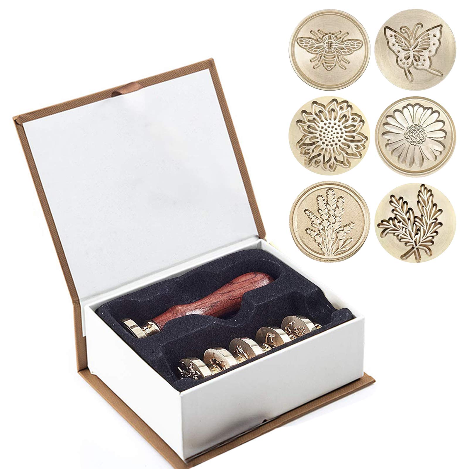 Wax Stamp Set, 8 PCS Wax Seal Stamp Brass Heads and 1 PCS Wooden Handle, Arts & Crafts Vintage Adhesive Sealing Wax Stamp Kit Gift for Envelope Postcard Label Wedding Invitation