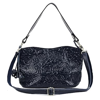 JIANBAO Womens Rose Embossed Leather Shoulder Bags Ladies Cross Purses Zipper Handbags Satchel (dark blue)