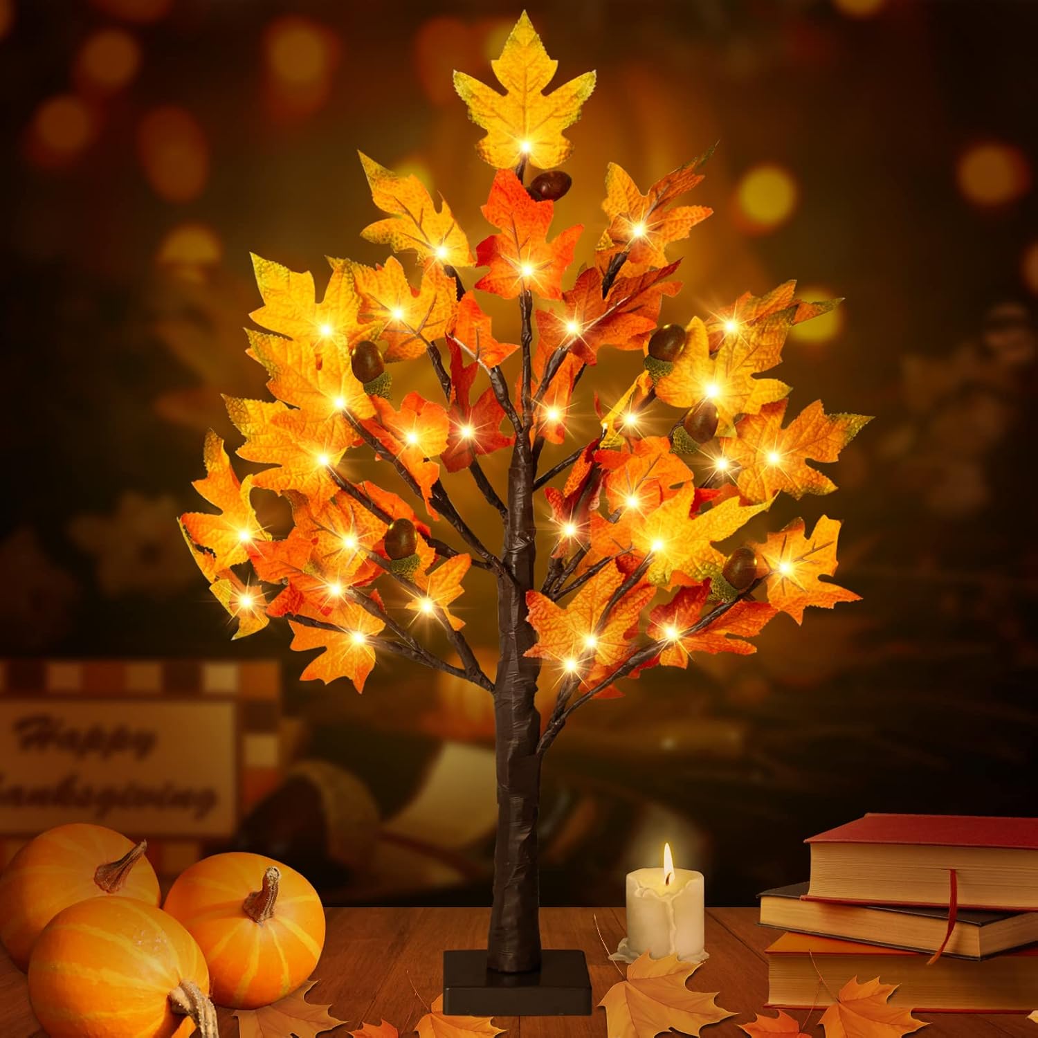 Trees - Remon 2FT Lighted Maple Tree- Fall Artificial Tree Thanksgiving Decor Tabletop Lamp with 36 LED Lights, Autumn Maple Leaves, 6 Acorns, 6-Hours Timer Function, Battery Operated for Indoor Home