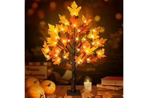 REMON 2FT Lighted Maple Tree- Fall Artificial Tree Thanksgiving Decor Tabletop Lamp with 36 LED Lights, Autumn Maple Leaves, 6 Acorns, 6-Hours Timer Function, Battery Operated for Indoor Home