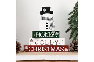 BUTTOOLS Christmas Decorations-4 PCS Wooden Block Sign-Classic Red White Green Christmas Ornaments for Home Shelf Mantel Fireplace Table Windowsill Decor