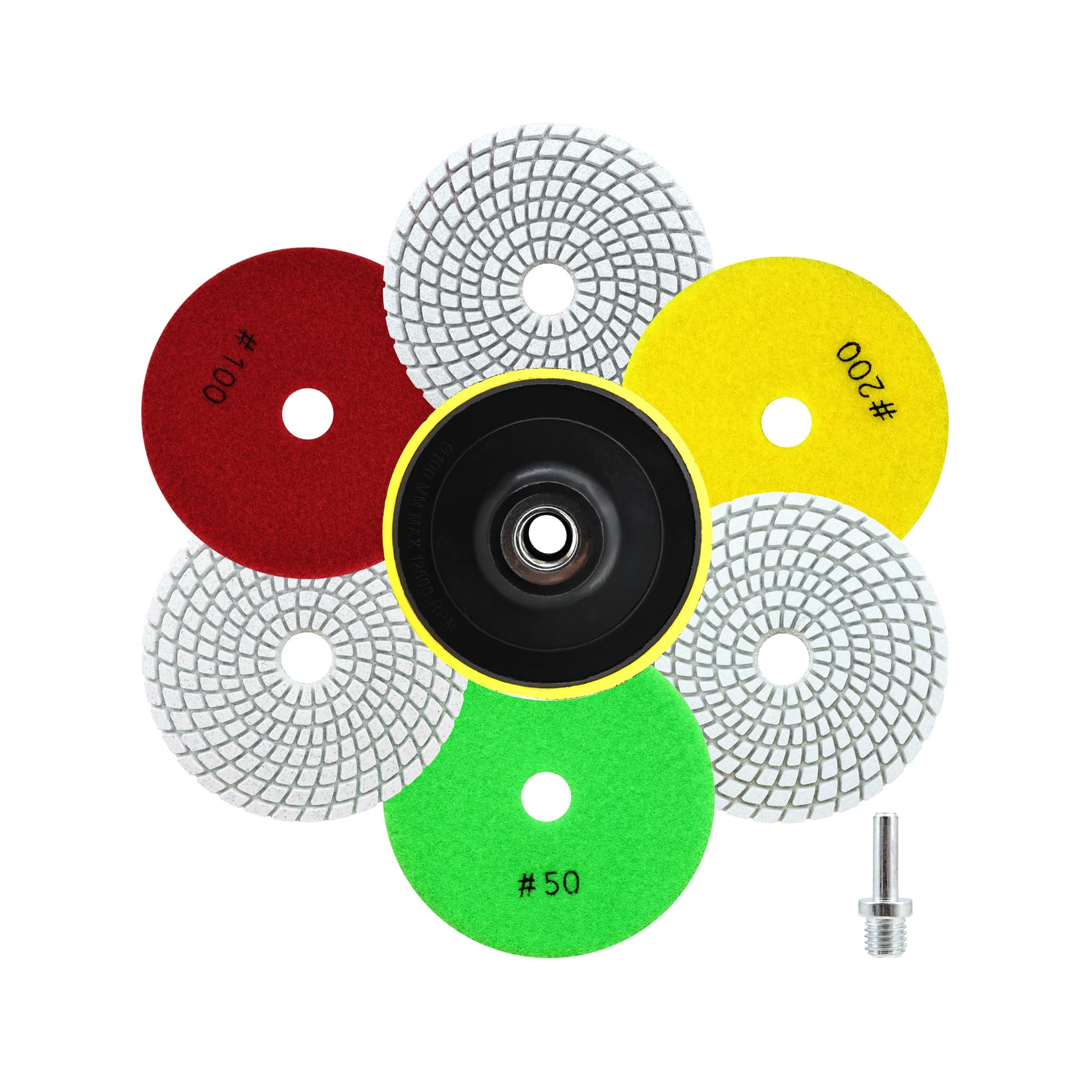 QUEFORET Diamond Polishing Pads Set - 8pcs: 6pcs 100mm Wet Sanding Discs (Grit 50, 100, 200), 1 M14 Thread Backing Pad, 1 Adapter for Granite, Marble, Quartz, Artificial Stone