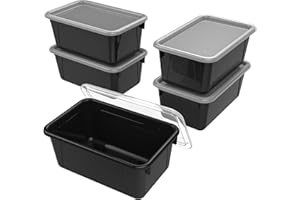 Storex Small Cubby Bins – Plastic Storage Containers for Classroom with Non-Snap Lid, 12.2 x 7.8 x 5.1 inches, Black, 5-Pack (62463U05C)
