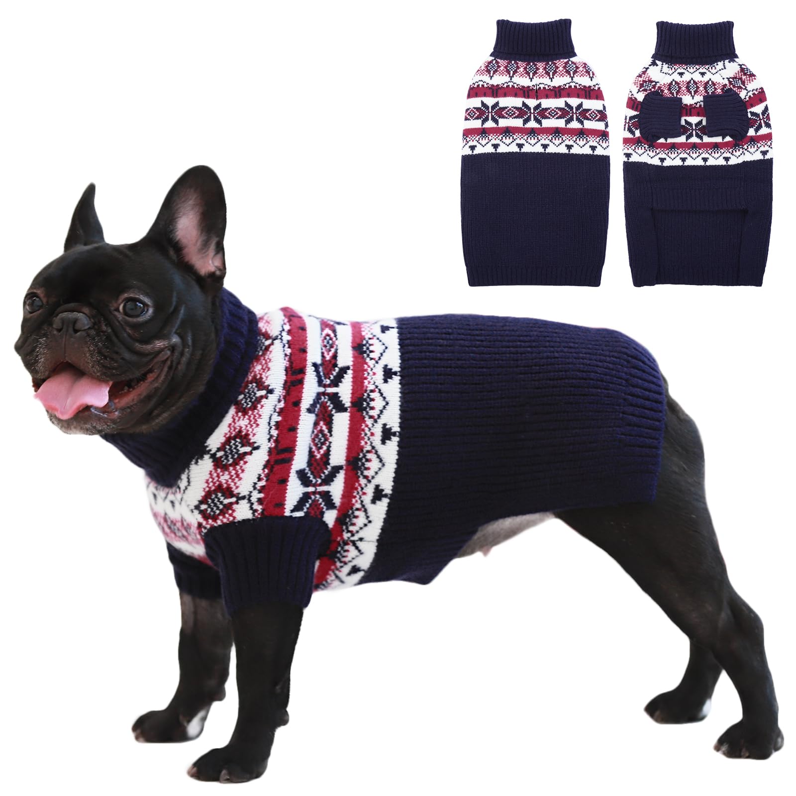 IECOii Large Dog Christmas Jumper, Cold Weather Knitted Winter Coat, Xmas Apparel, Turtleneck Thick Warm Blue Sweater For Dachshund, Pug, French Bulldog — image 1