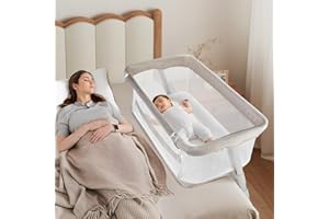 Cowiewie Bassinet Bedside Sleeper,Baby Bassinets Higher Place Over Bed,5-Position Adjustment Baby Crib,Breathable 360° Mesh Sides Bedside Bassinet,Space-Saving Bedside Cribs, Height(37.4-41.3") Beige
