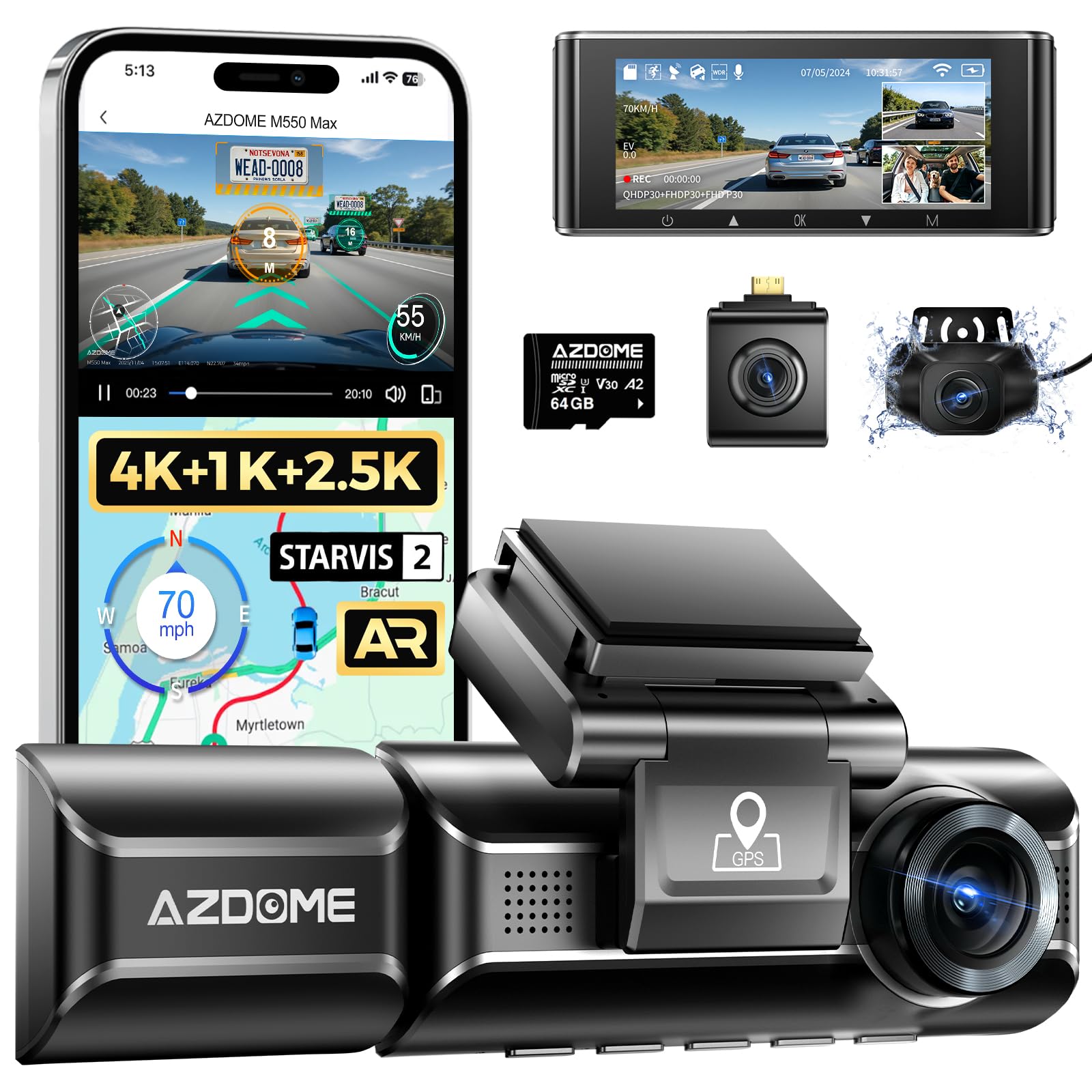 AZDOME 4K 3 Channel Dash Cam, 4K+1080P+2.5K Dash Cam Front and Rear Inside, STARVIS Sensor, WiFi GPS, 150° Wide Angle dashcam, 6-LED IR Night Vision, WDR, 64GB Card, 24H Parking Mode, 3.19" Screen