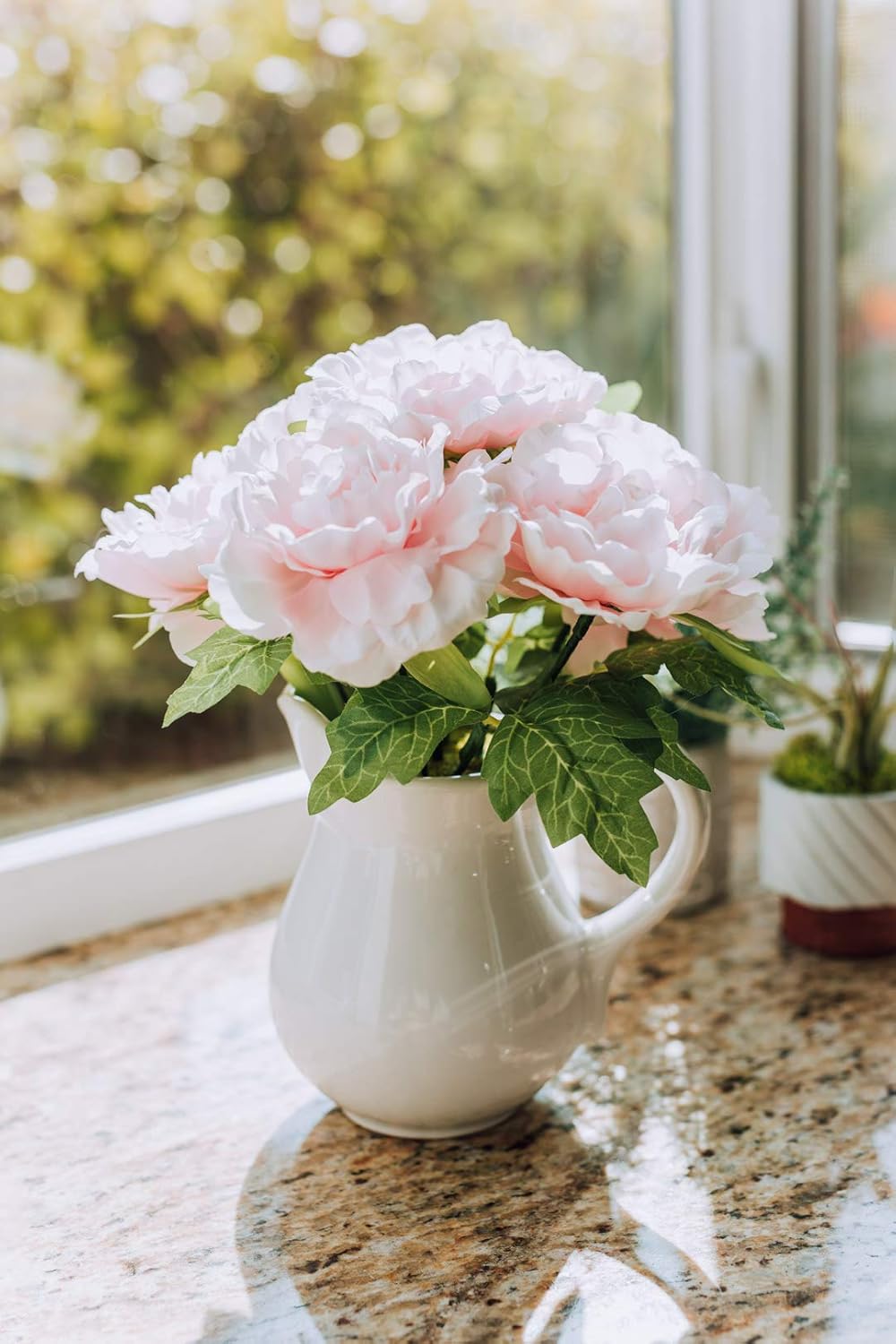 Amazon Com Flora Bunda Artificial Cream Pink Peony Silk Fake Flowers Faux Plant 11 5 Tall White Peonies In White Ceramic Vase Watering Pot For Home Office Wedding Party Decorations Home Kitchen