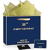 30th Birthday Gift Bag, Blue Gold 30th Birthday Bag with Tissue Paper & Greeting Card & Envelope & Sticker, Happy 30th Bithday Bags for Men Women, Large Gift Bags Party Supplies (30th)