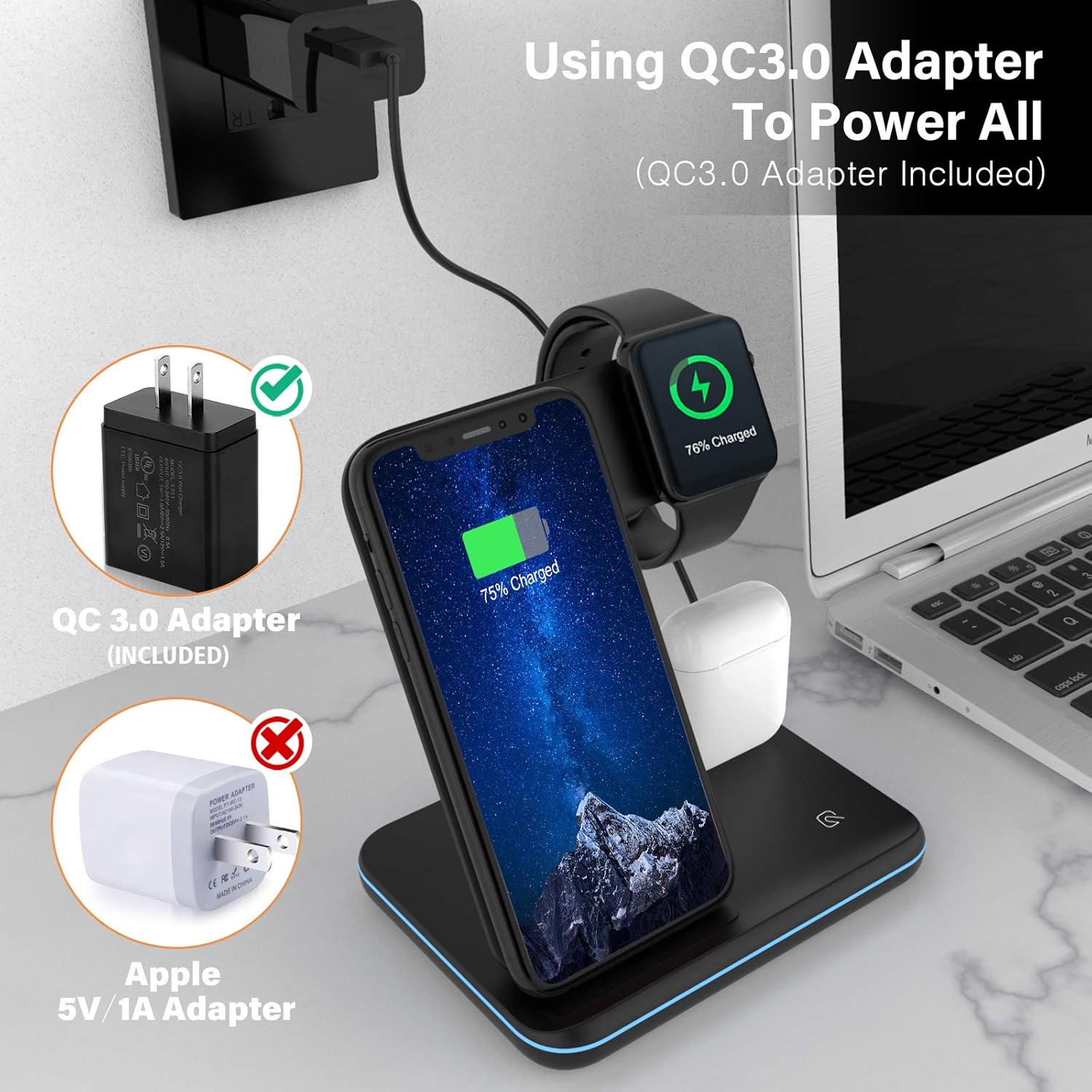 Wireless Charger, 3 in 1 Qi-Certified 15W Fast Charging Station for Apple iWatch Series 6/5/4/3/2/1,AirPods,Wireless Charging Stand for iPhone 12/11 Series/XS MAX/XR/XS/X/8/8 Plus/Samsung