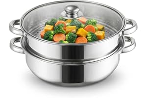 ZENFUN Steamer Pot With Lid 2 Tier, Multipurpose Stainless Steel Steaming Pot, Steam Pots With Handle For Vegetable, Dumpling