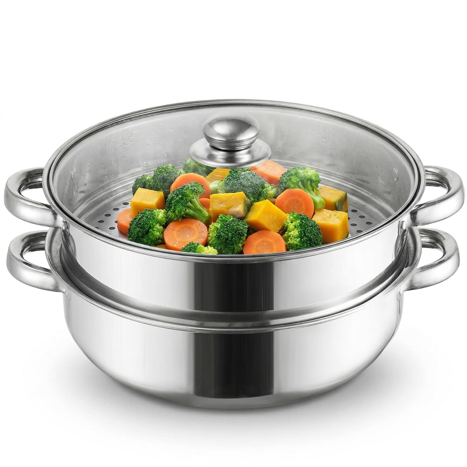 ZENFUN Steamer Pot With Lid 2 Tier, Multipurpose Stainless Steel Steaming Pot, Steam Pots With Handle For Vegetable, Dumpling, Food, 11 Inch/28CM（Thickened）