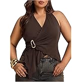 Floerns Women's Plus Size Metal Ring Wrap Halter Tops Sleeveless Asymmetrical Hem Y2k Going Out Tank Top