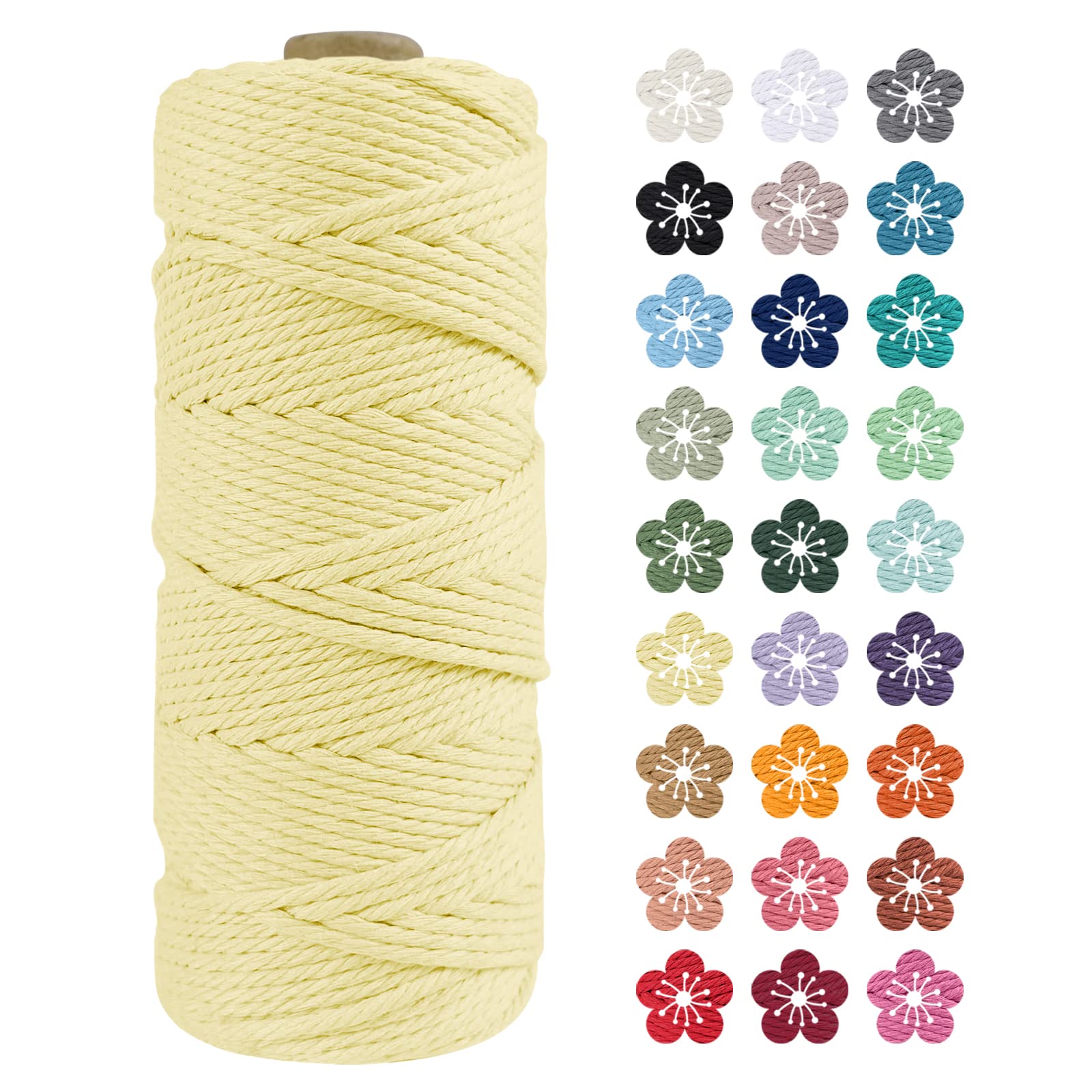 LEREATI Macrame Cord 2mm x 100m, Thick Macrame Rope Natural Cotton Rope Craft String, 3 Strand Twisted Cotton Cord Yarn for DIY Plant Hanger, Wall Hanging, Christmas Decoration (Light yellow)
