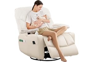SUNWAVE Power Nursery Rocking Chair with Adjustable Armrests, Nursing Chair with USB, Cup Holders & Blanket, Swivel Rocker Recliner with Corduroy and PU Leather Mixed Fabric (Beige)
