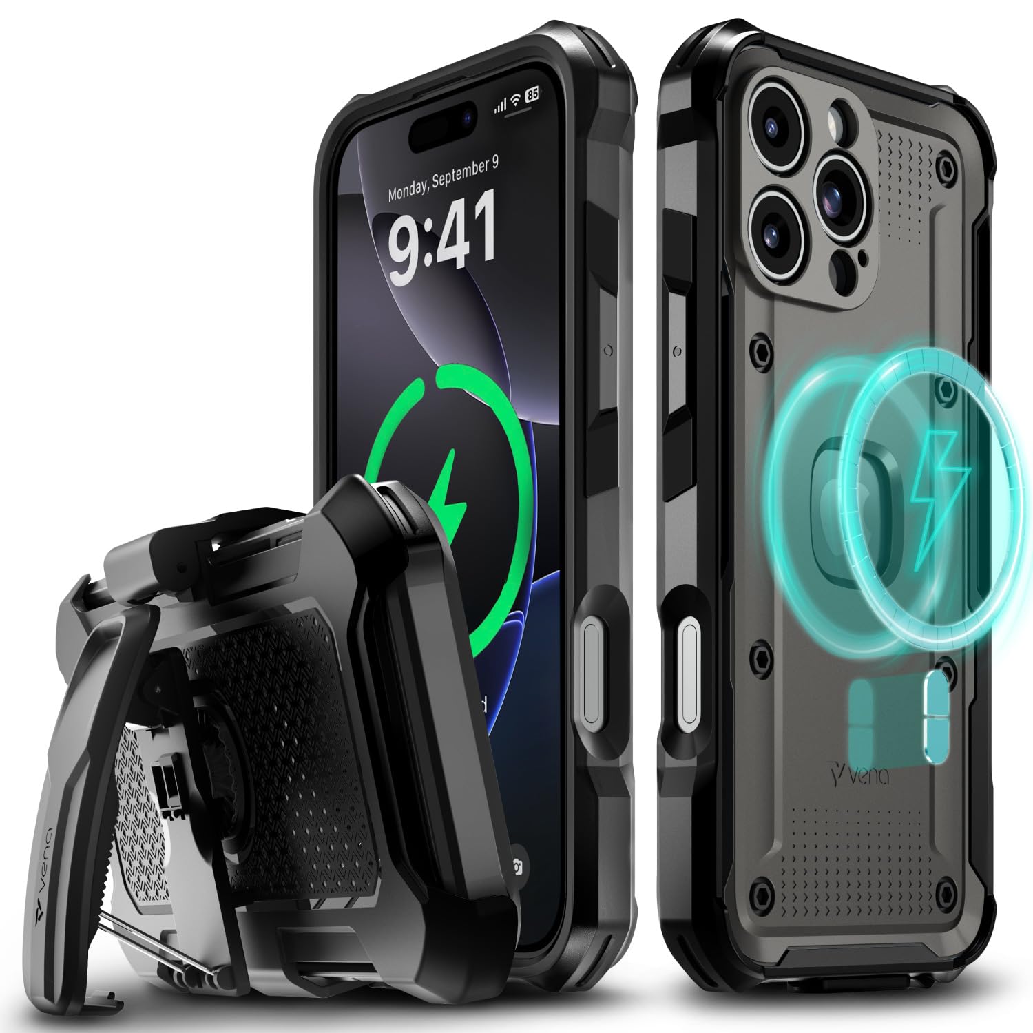 VENA vArmor for iPhone 16 Pro Max Rugged Case with Belt Clip Holster [Military Grade Drop Protection] [Works with MagSafe] Heavy Duty Tough Protective Cover with Kickstand - Black/Graphite Gray