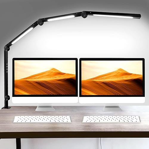 segrass LED Desk Lamp with Clamp, Flexible 4 Sections Swing Arm, Three Light Sources, 4 Color Modes & 5 Brightness, Eye Caring Table Light with Memory Function for Office