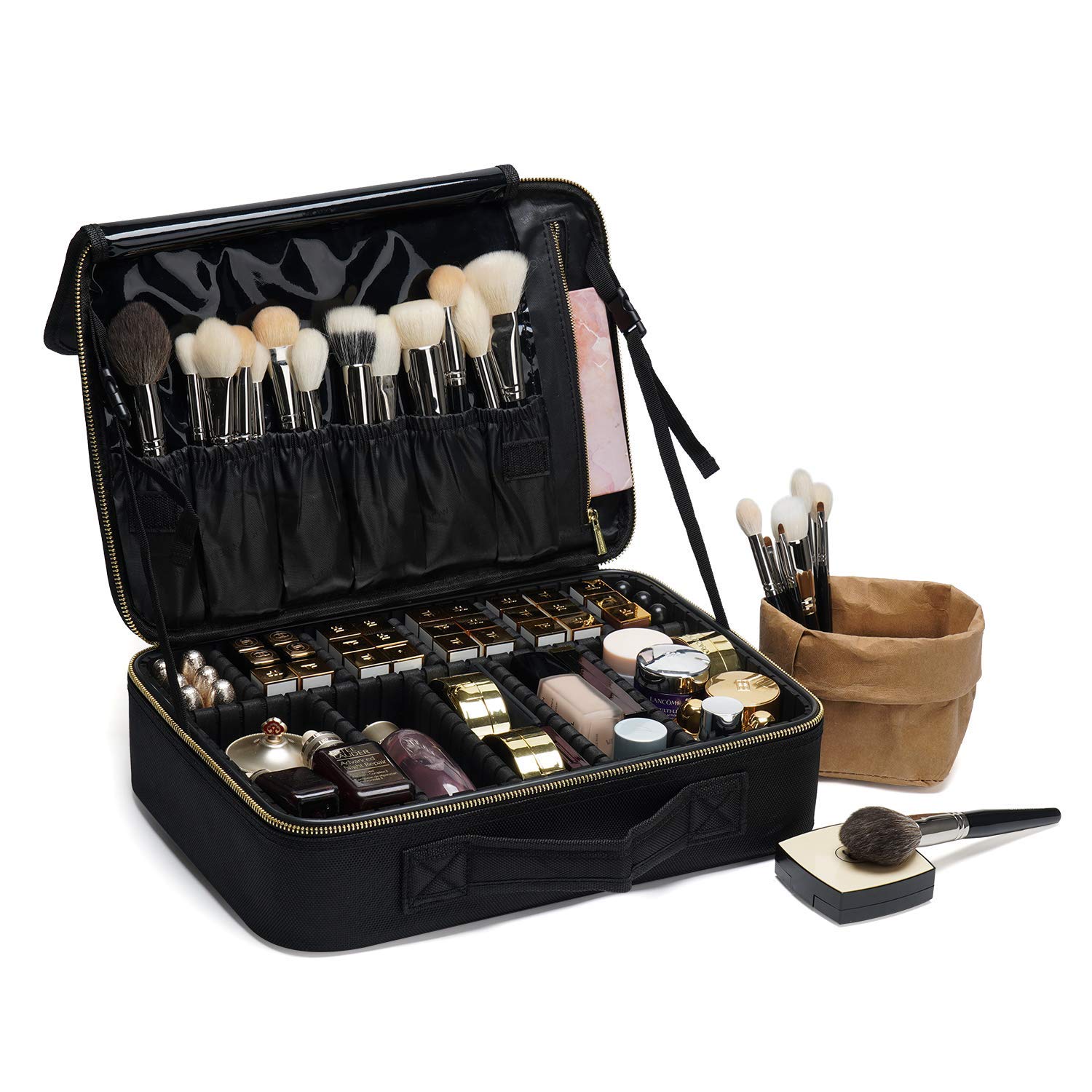 ROWNYEON Makeup Case Travel Makeup Bag Train Case Professional Portable Cosmetic Makeup Brushes Organizer Case Cosmetic Storage Bag for Women EVA Adjustable Dividers 14.1" Medium Black : Beauty