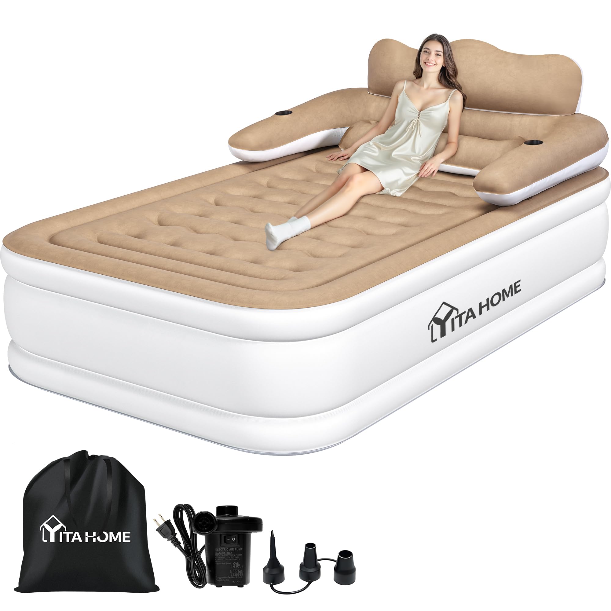 Photo 1 of YITAHOME FullXL Size Air Mattress with Headboard and Pump, 18in Blow Up Mattress with Carry Bag, Repair Kit, and Nozzles for Home, Camping, and Travel, Brown