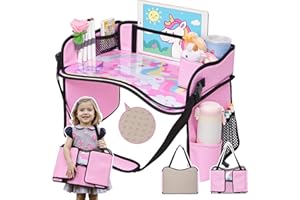 OUOZZZ Kids Travel Tray for Car - Girl's Safety Seat Table, Toddler Road Trip Essentials - Carseat/Airplane Lap Desk with Weight-Relief Strap, Non-Skid Silicone Base, Waterproof Dining/Craft Mat