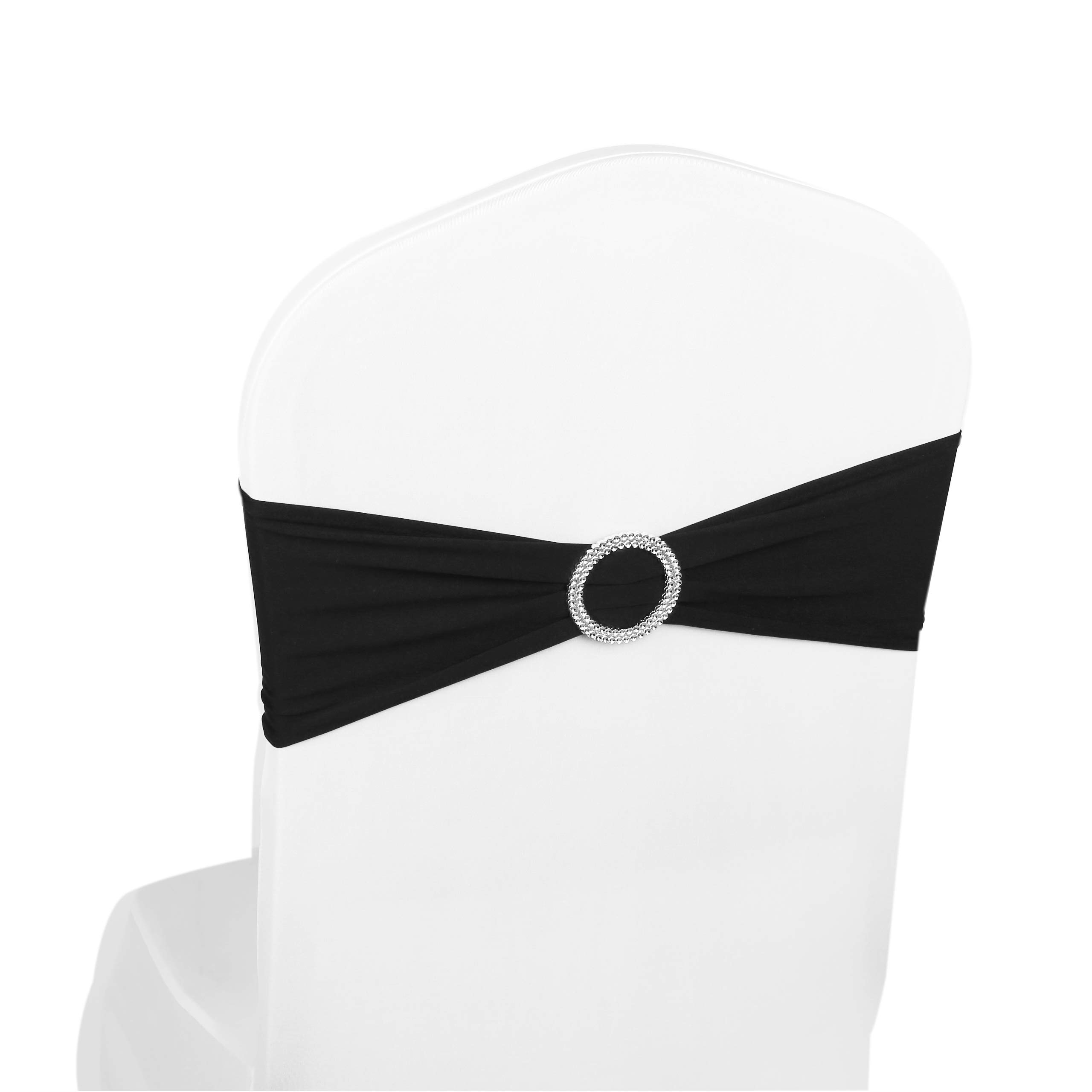 Elastic Stretch Spandex Chair Covers Sashes Bands With Buckle Bows For Wedding Home Party Suppliers Decorations (Black, 50PCS)