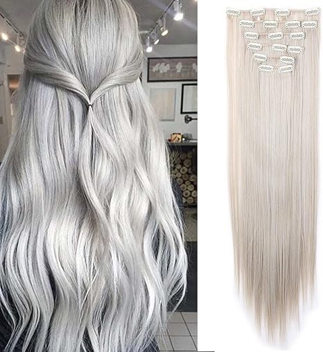 Mèche à Clip Cheveux 8 Pièces 18 Clips Fibres Bien Garnits 66cmash Blond Mèche Gris Argenté