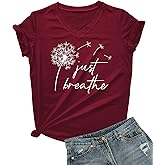 DANVOUY Just Breathe Dandelion T-Shirt for Women Funny Cute V-Neck Shirt Tops
