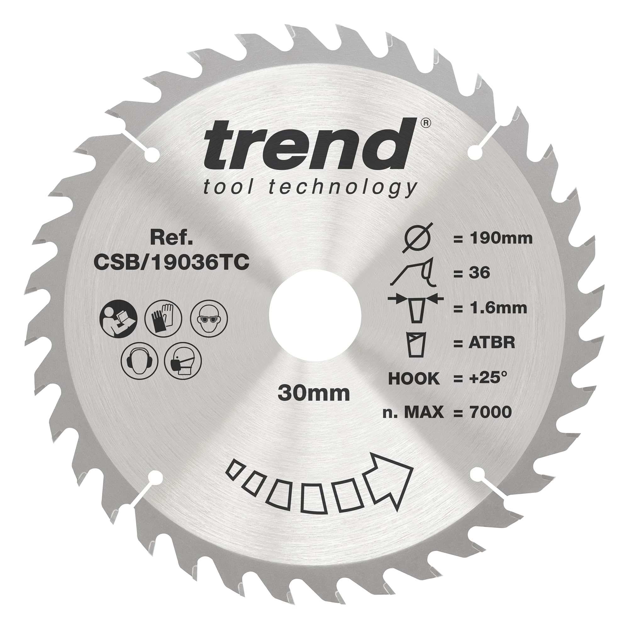 Trend Wood Cordless ATBR Circular Saw Blade, 190mm Diameter, 30mm Bore, 36 Teeth, 1.6mm Kerf, +25° Hook, TCT, Fine Finish, CSB/19036TC — image 1