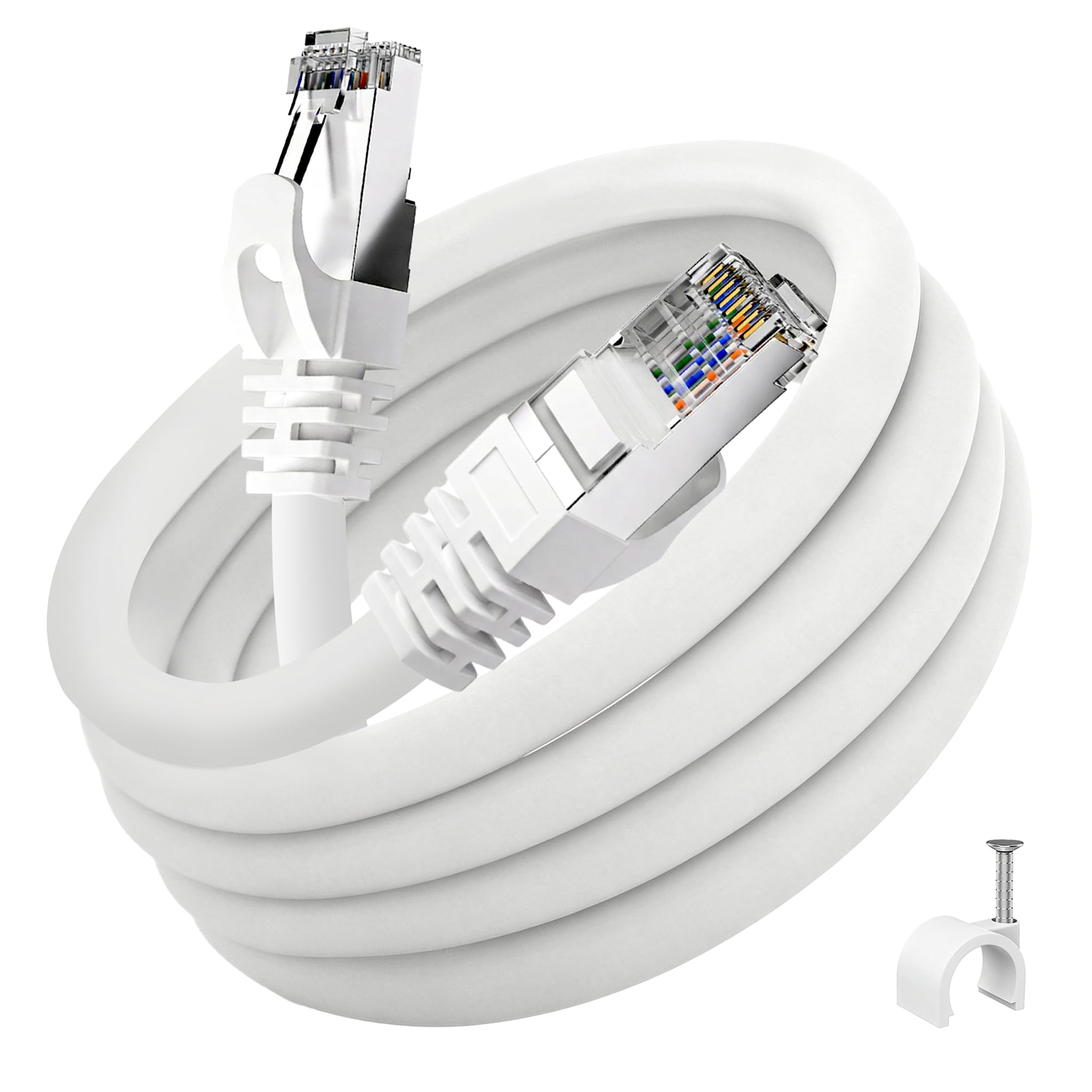 ikbc Ethernet Cable 10m, Lan Cable 10m Cat 6 FTP Shielded, 10 Meter Internet Cable 1000Mbps, Gigabit RJ45 Patch Cable White for Router with 10 Clips