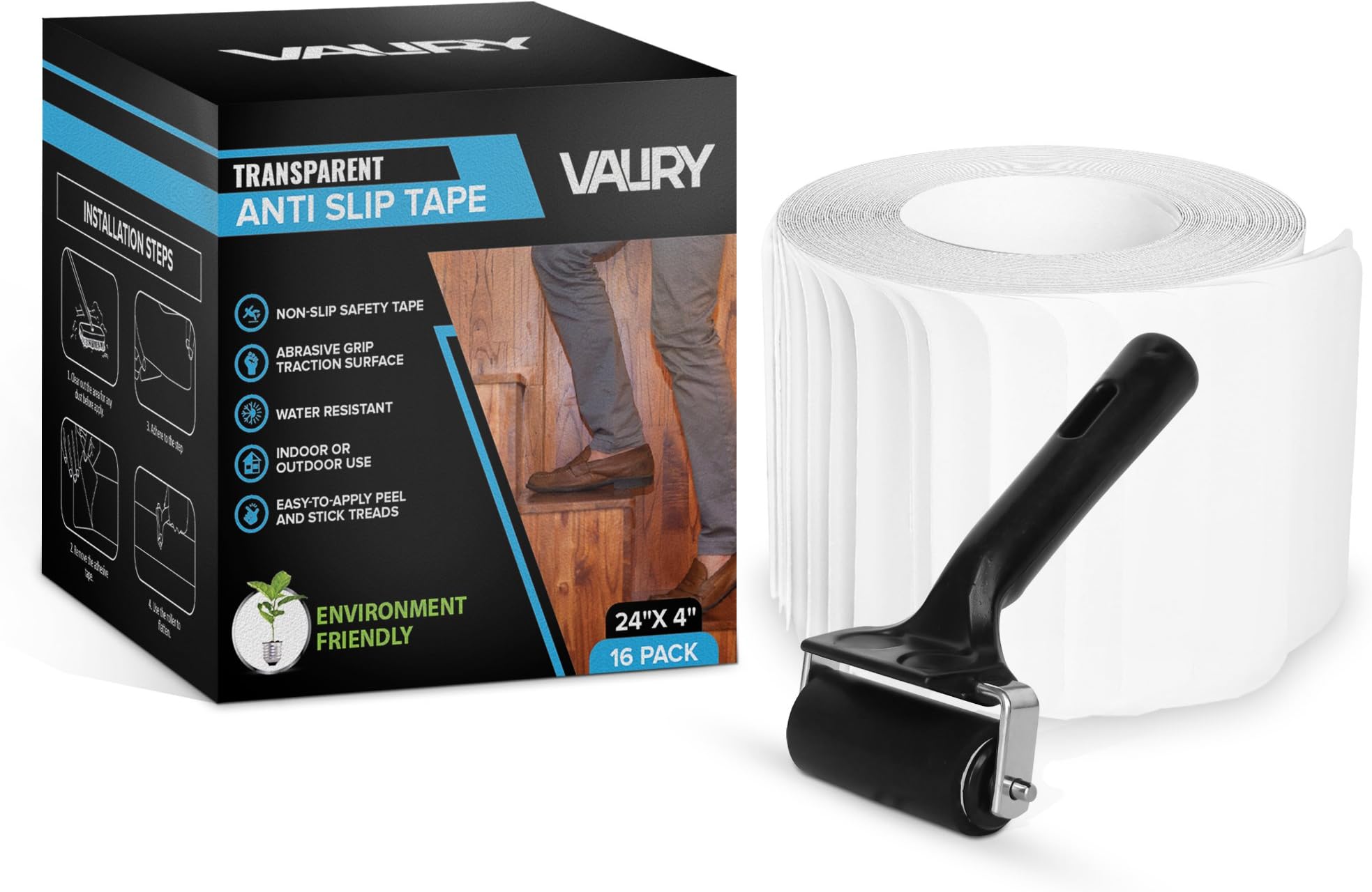 Valiry Anti Slip Tape (16 PACK) 24" x 4": Pre-Cut Adhesive Tape With Installation Kit, Adhesive Stair Treads Transparent And Discreet Indoor And Outdoor Use, Safety, Prevents Slip, Waterproof PVC FREE