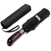 Balios Travel Folding Umbrella with Real Wood Handle Auto Open Close Vented Windproof Canopy - Designed in UK