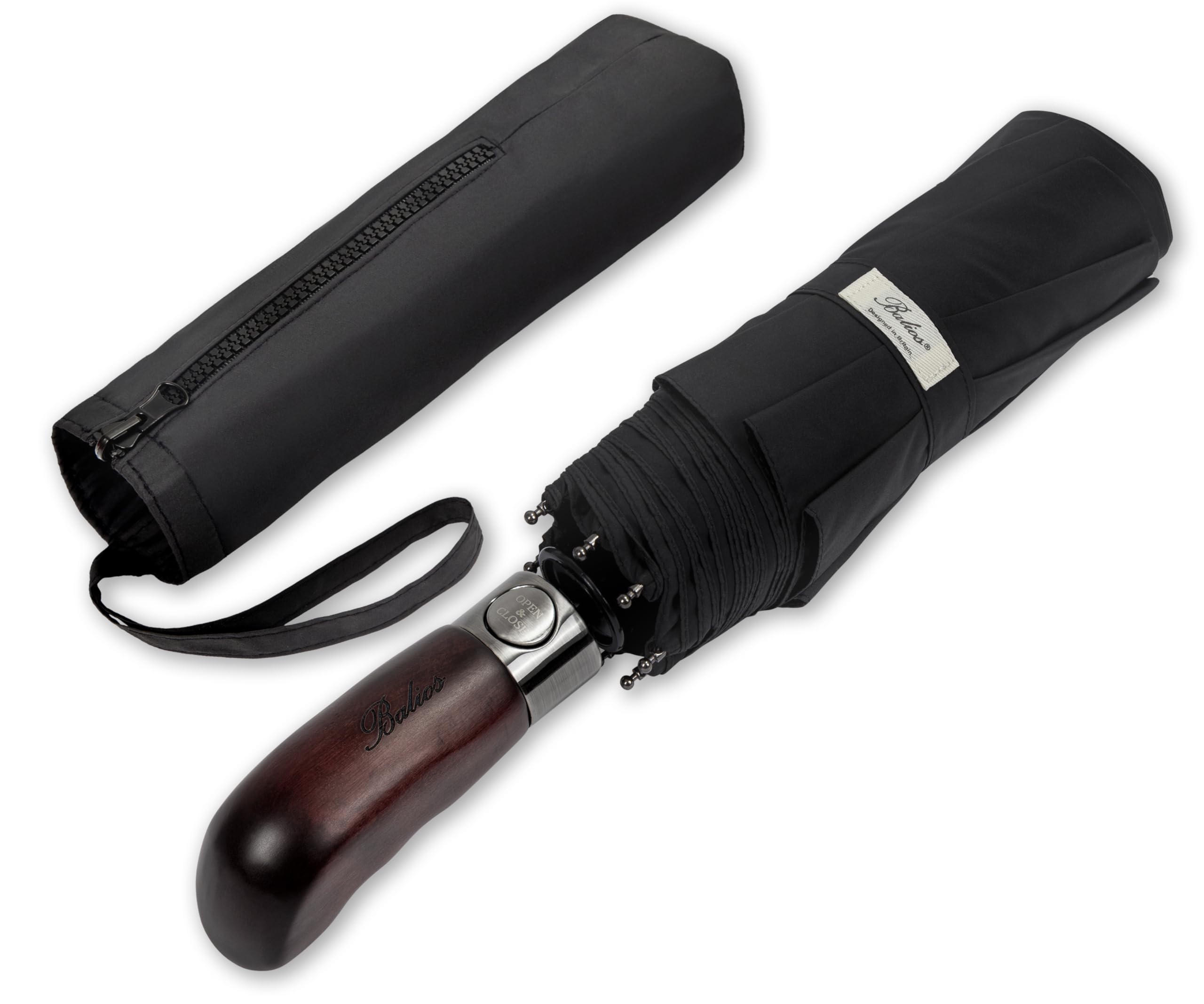 Balios Folding Umbrella Wood Handle Auto Open Close Vented Canopy Black