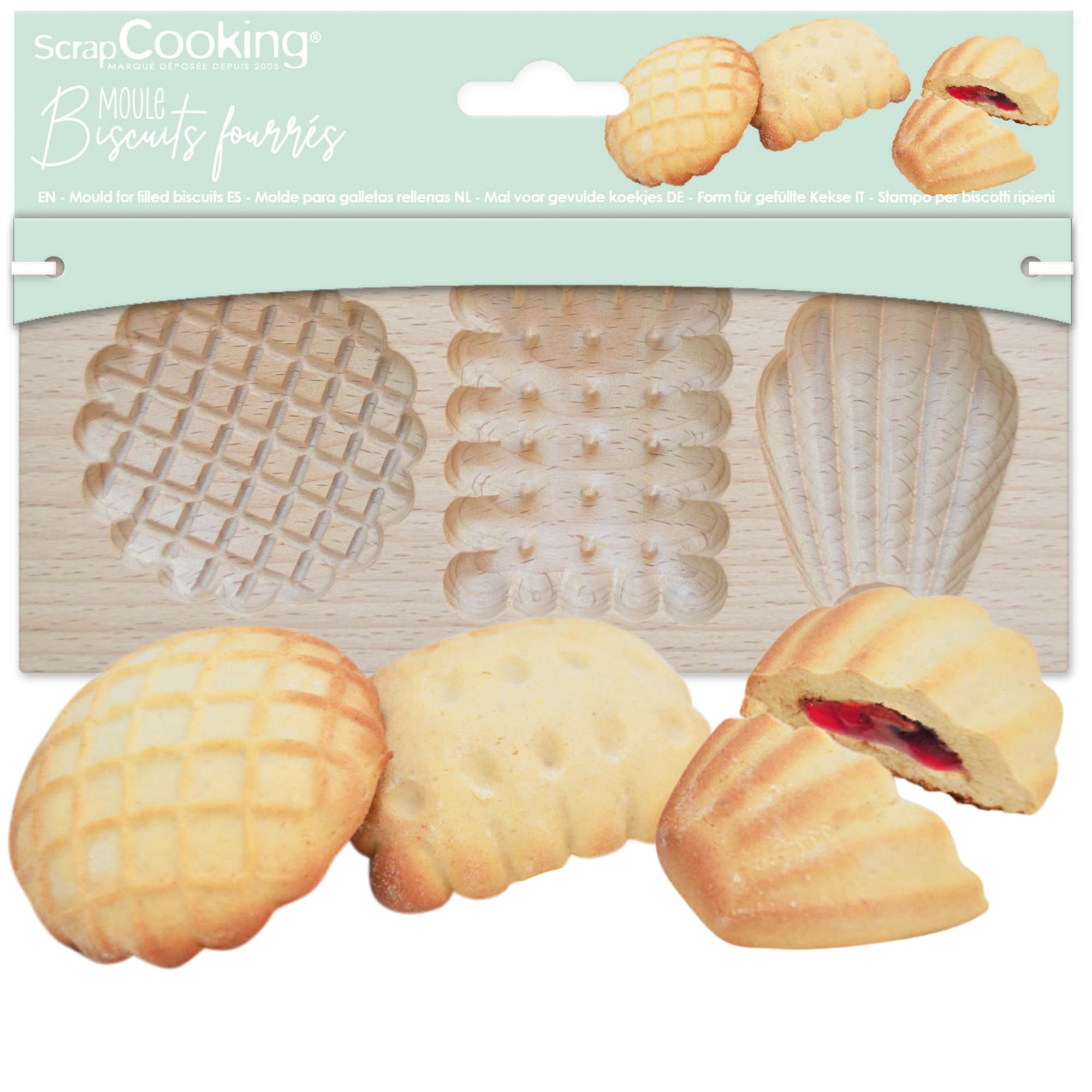 ScrapCooking 2150 "Petit Biscuits Filled Biscuit Mould - Wooden Chocolate Baking Mould - Fruit Jam and Spread - Madeleine Shell - Pastry Utensil
