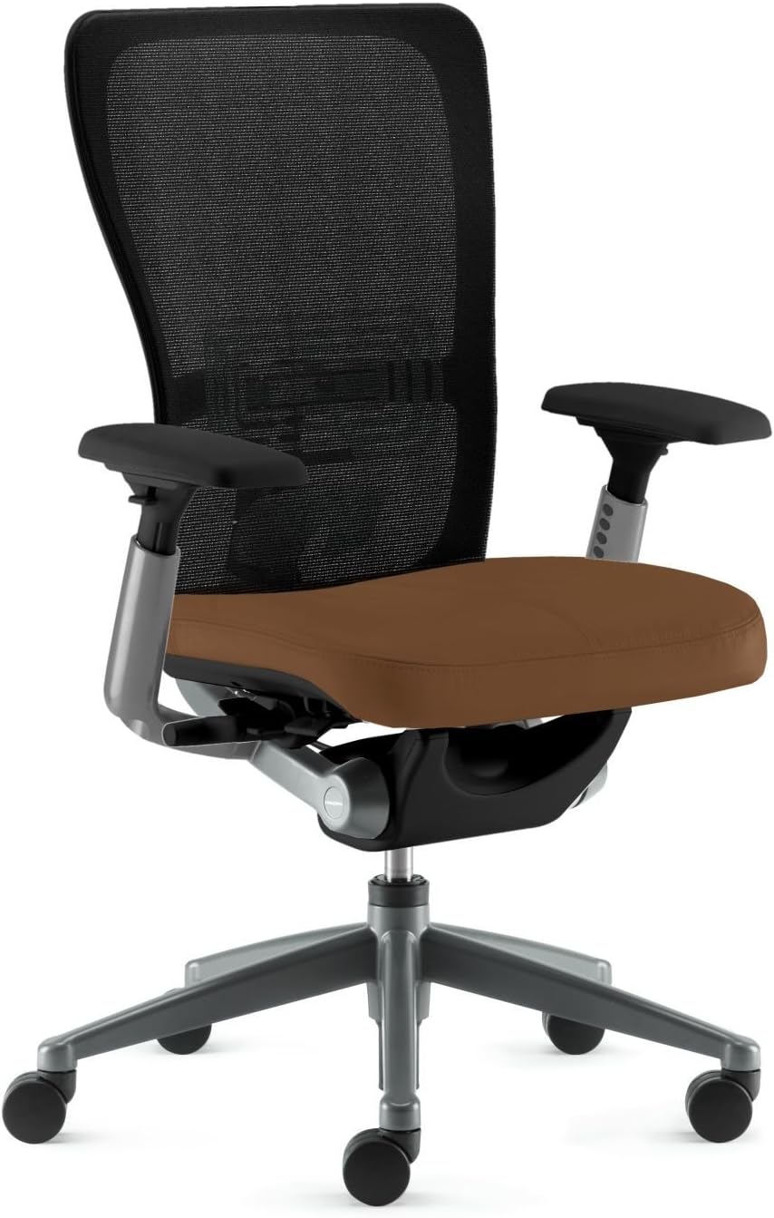 Zody Task Chair by Haworth: Advanced Model - Back Stop - Fwd Tilt - Highly Adj 4D Arms - Standard Carpet Casters - PAL Back System - Silver Base/Black Trim/Support Mesh Back/Saddle Nature Leather