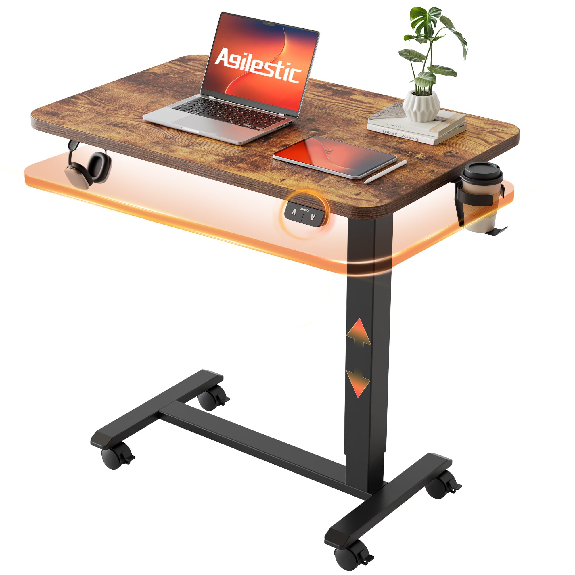 Agilestic Portable Standing Desk Height Adjustable, Mobile Table with Wheels, Small Size Sit Stand Table for Laptops, Rolling Desk for Home, 26" x 15.7"Computer Workstation, Rustic Brown