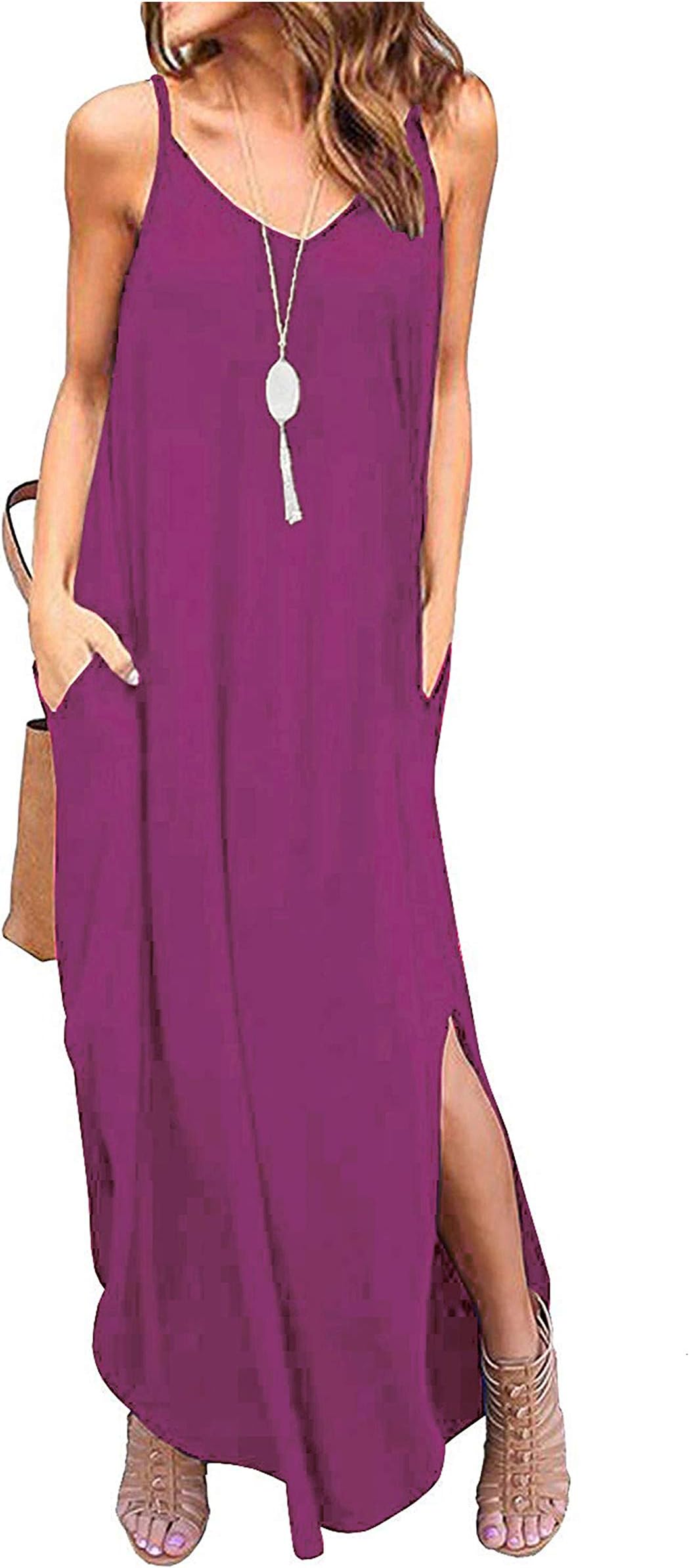 LIYOHON Women's Summer Casual Loose Dress Beach Cover Up Plain Print Long Cami Maxi Dresses with Pocket
