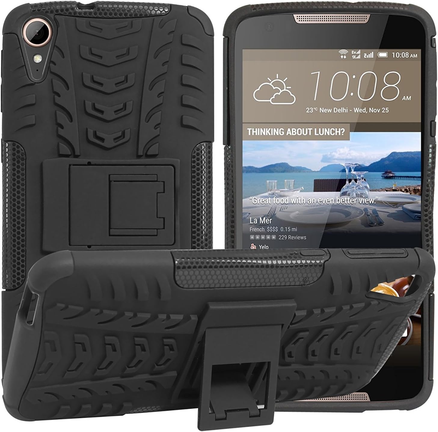 MD World HTC 828 Armor Cases Tough Rugged Shockproof Armorbox Dual Layer Hybrid Hard/Soft Slim Protective Case with Kick Stand Back Case Cover - Black Armor Case