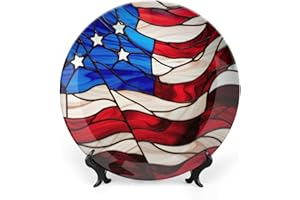 Gokays Decorative Plates, Blue Red USA Flag Stained Glass Painting Ceramic Dinner Plate Home Wobble-Plate with Display Stand, Wall Hanging Decor for Kitchen Household 10 Inch, Gifts for Patriotic