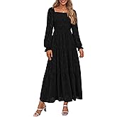 PRETTYGARDEN Wedding Guest Dresses for Women Floral Long Sleeve Smocked Tiered Elegant Long Flowy Boho Dress