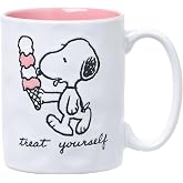 Silver Buffalo Peanuts Snoopy Beach, Wax Resist Ceramic Pottery Mug, 17oz | Vibes, Treat Yourself Cone, 0.5 Liters