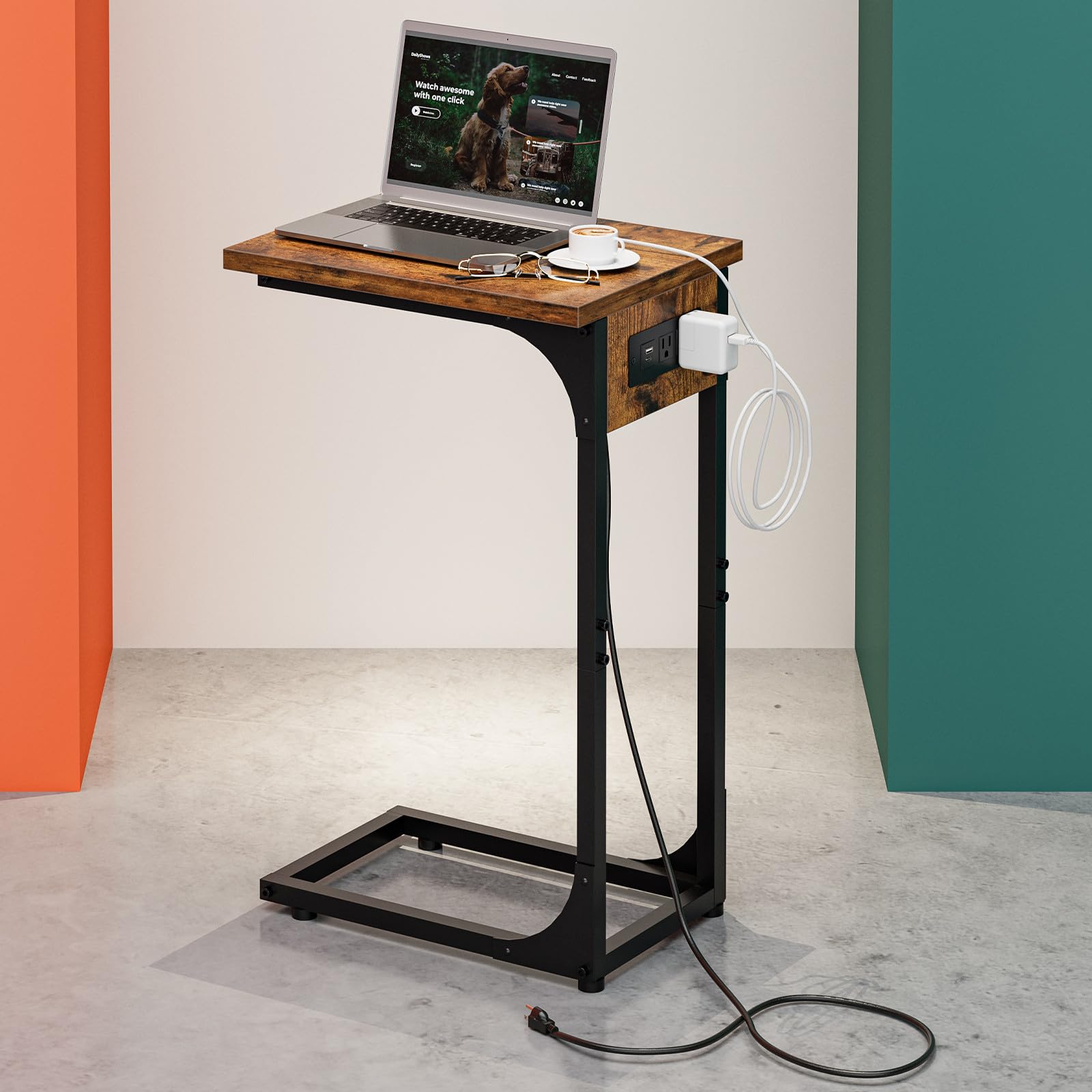 Photo 1 of **INCOMPLETE** RISWER C-Shaped Side Table for Couch - Small Coffee Stand Sofa Tray Desk with Metal Frame Waterproof Scratch Resistant Wood Top and Built-in Charging Station, Rustic Brown