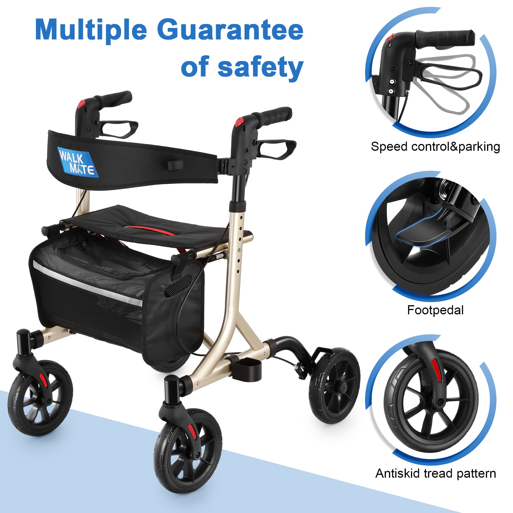 Rollator Walker for Seniors with Cup Holder, Upgraded Thumb Press Button for Height Adjustment, 4 x 8 Wheels Walker with Seat Padded Backrest Folding Lightweight Walking Aid, Gold