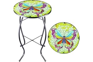 Arbuxzuy 14 Inch Small Outdoor Side Table with Colorful Butterfly, Glass Mosaic Patio Table Indoor, Round Plant Coffee Table for Living Room, Balcony, Garden